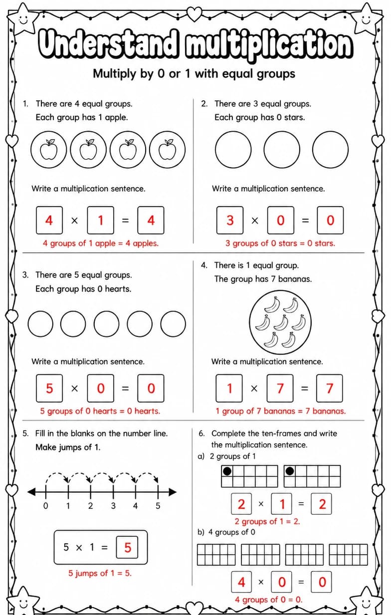 Answer key for Multiply by 0 or 1 with equal groups — free printable Math worksheet