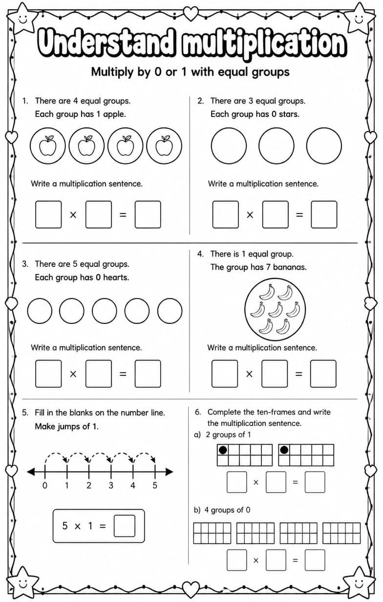 Multiply by 0 or 1 with equal groups — free printable Grade 3 math worksheet