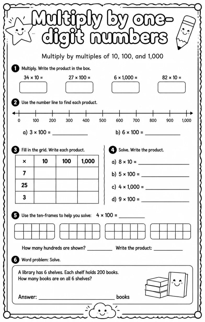 Multiply by multiples of 10, 100, and 1,000 — free printable Grade 4 Math worksheet