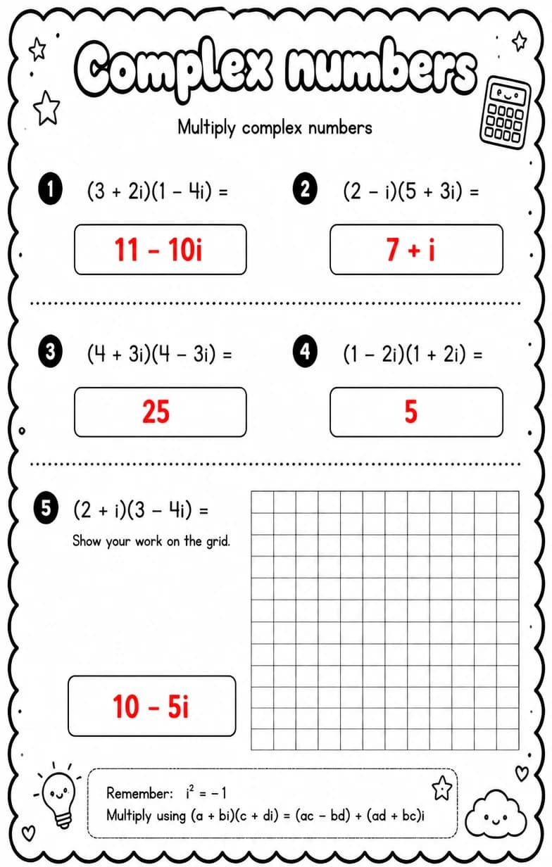 Answer key for Multiply complex numbers — free printable Math worksheet