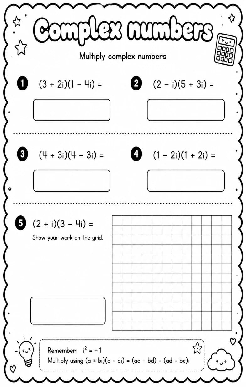 Multiply complex numbers — free printable Algebra 2 math worksheet