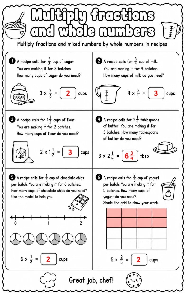 Answer key for Multiply fractions and mixed numbers by whole numbers in recipes — free printable Math worksheet