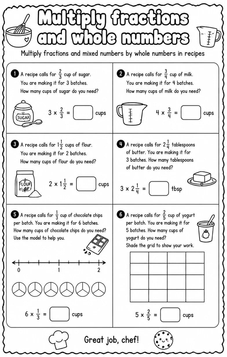 Multiply fractions and mixed numbers by whole numbers in recipes — free printable Grade 4 Math worksheet