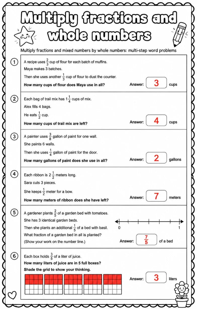 Answer key for Multiply fractions and mixed numbers by whole numbers: multi-step word problems — free printable Math worksheet