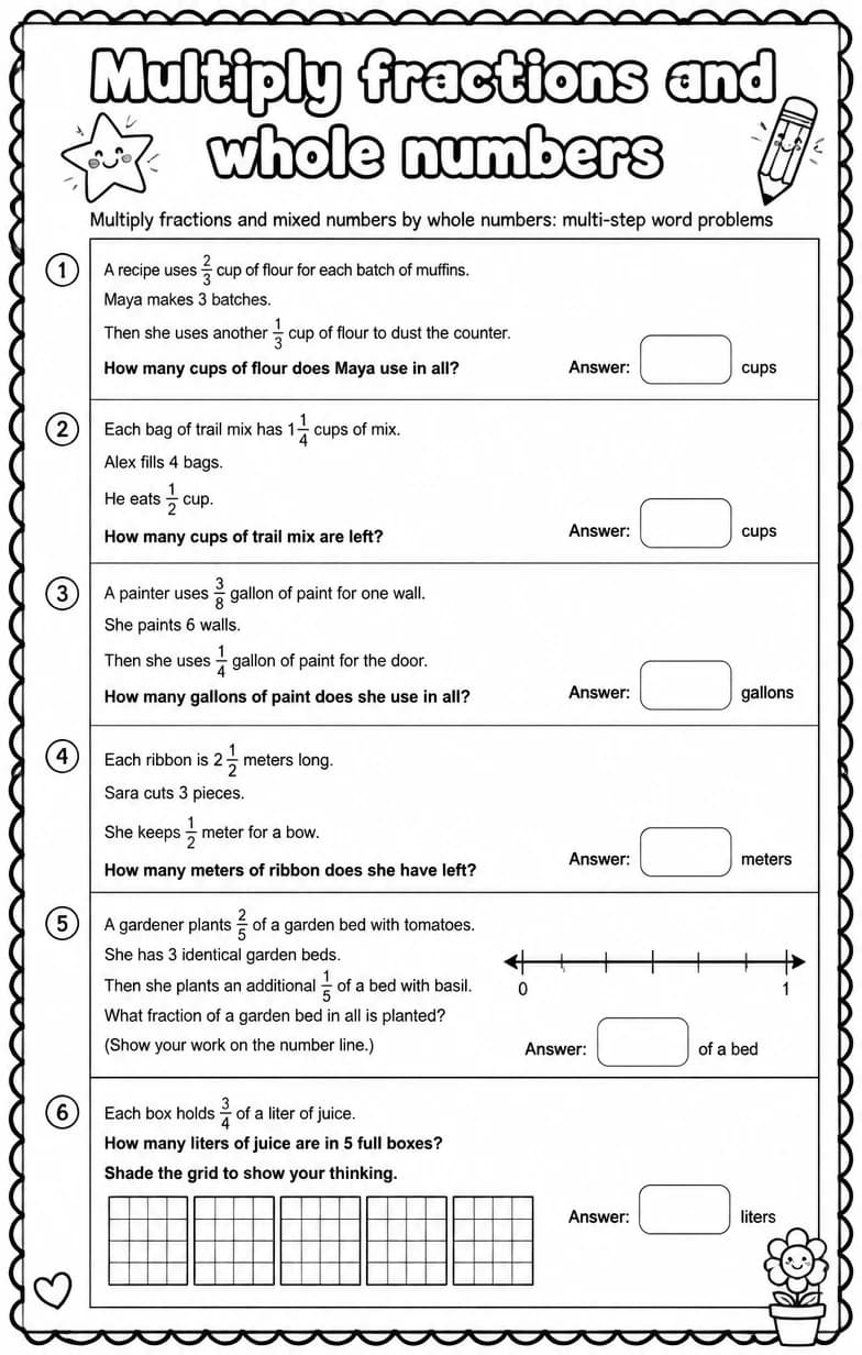 Multiply fractions and mixed numbers by whole numbers: multi-step word problems — free printable Grade 4 Math worksheet