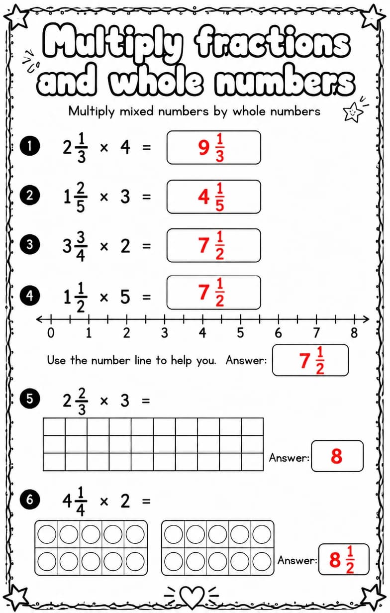 Answer key for Multiply mixed numbers by whole numbers — free printable Math worksheet