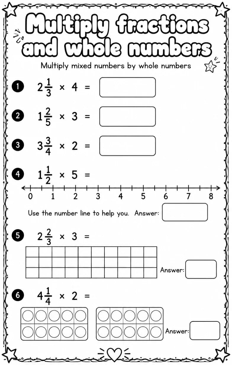 Multiply mixed numbers by whole numbers — free printable Grade 4 Math worksheet
