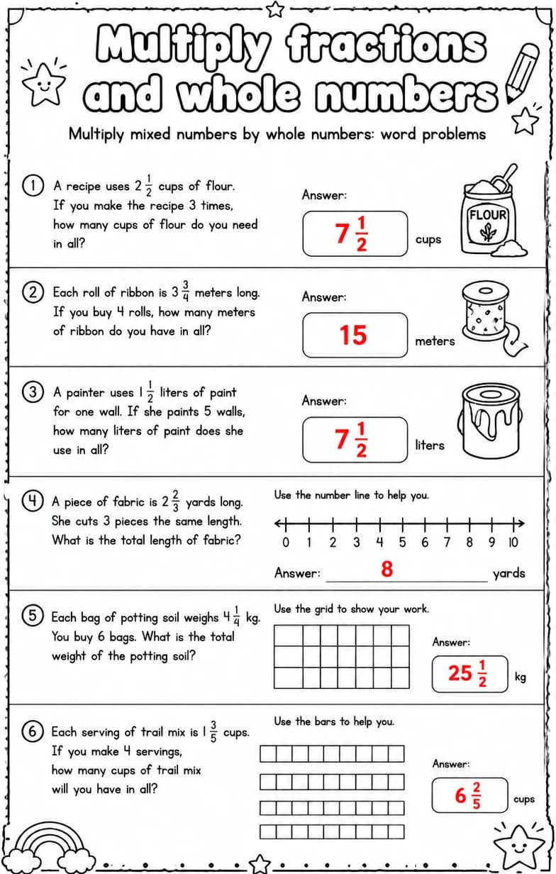 Answer key for Multiply mixed numbers by whole numbers: word problems — free printable Math worksheet