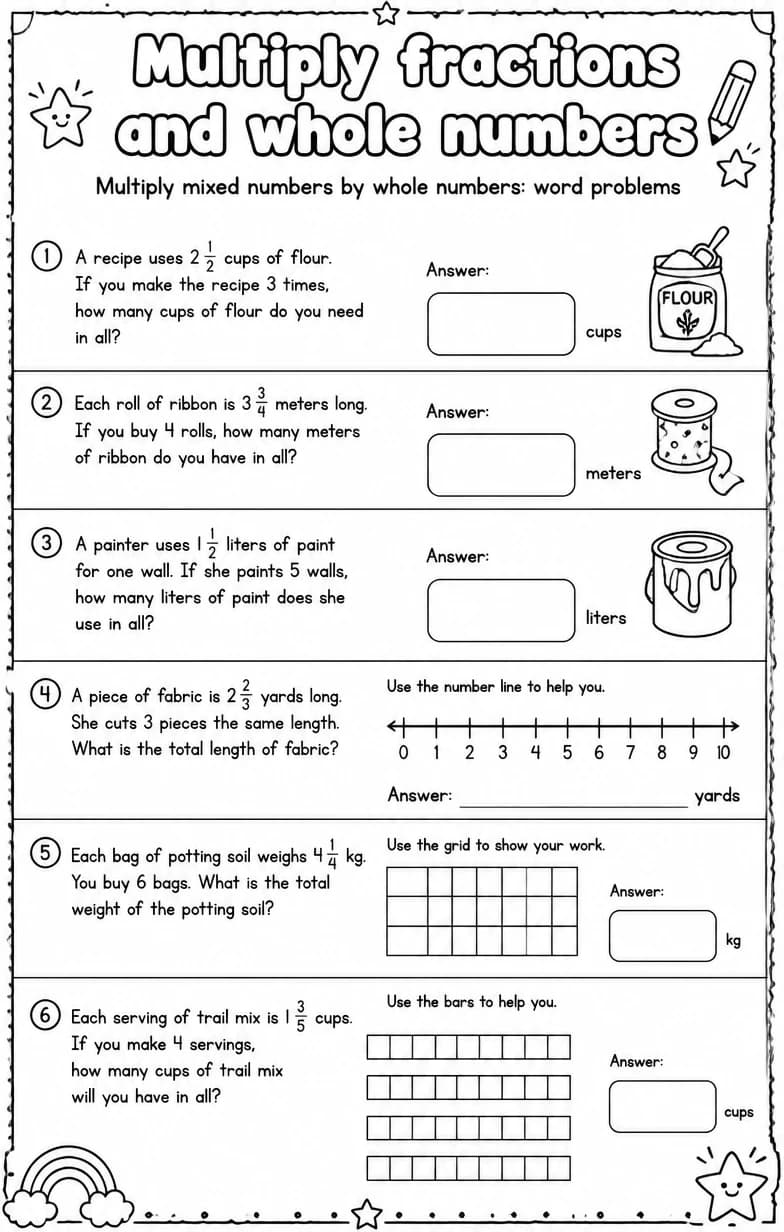 Multiply mixed numbers by whole numbers: word problems — free printable Grade 4 math worksheet