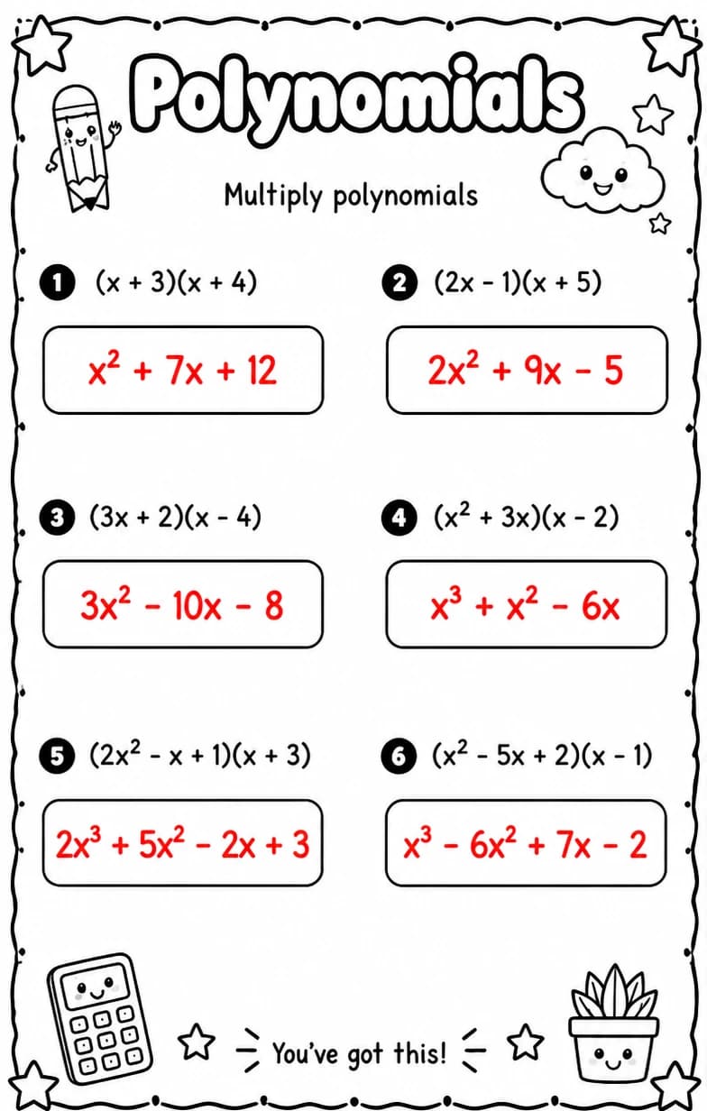 Answer key for Multiply polynomials — free printable Math worksheet