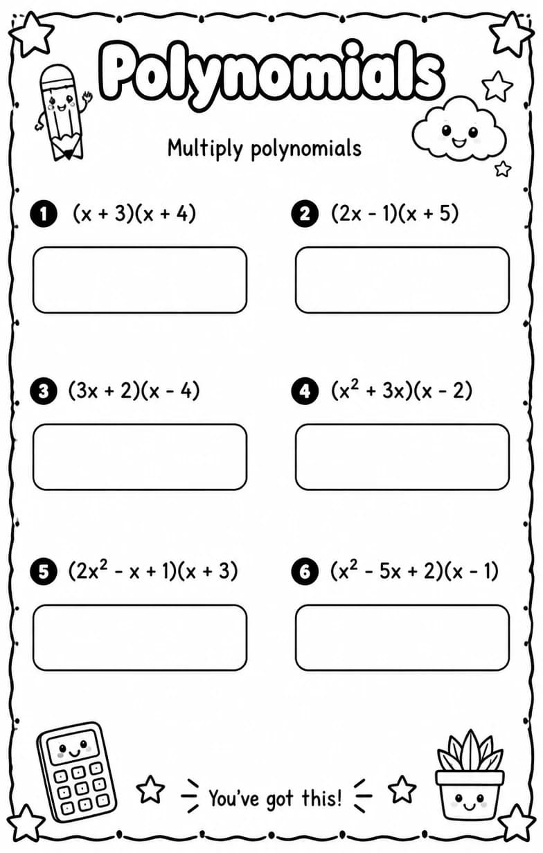 Multiply polynomials — free printable Algebra 1 math worksheet