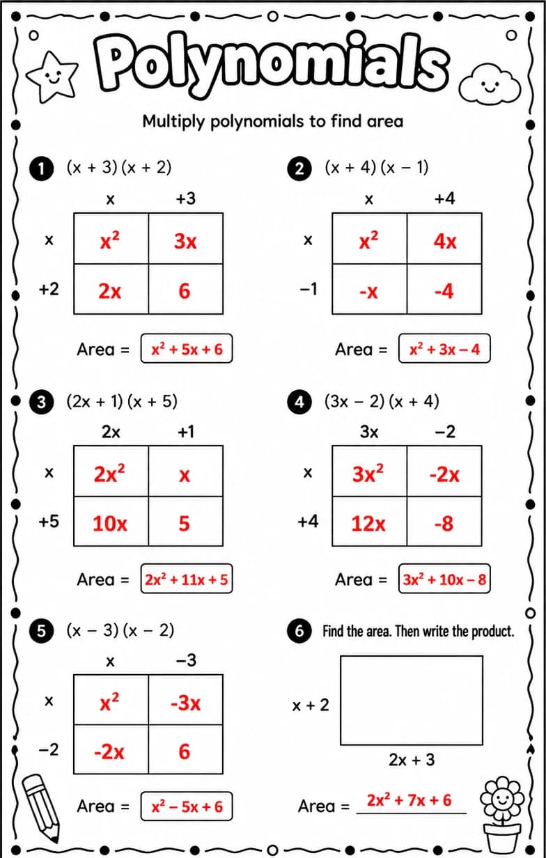Answer key for Multiply polynomials to find area — free printable Math worksheet