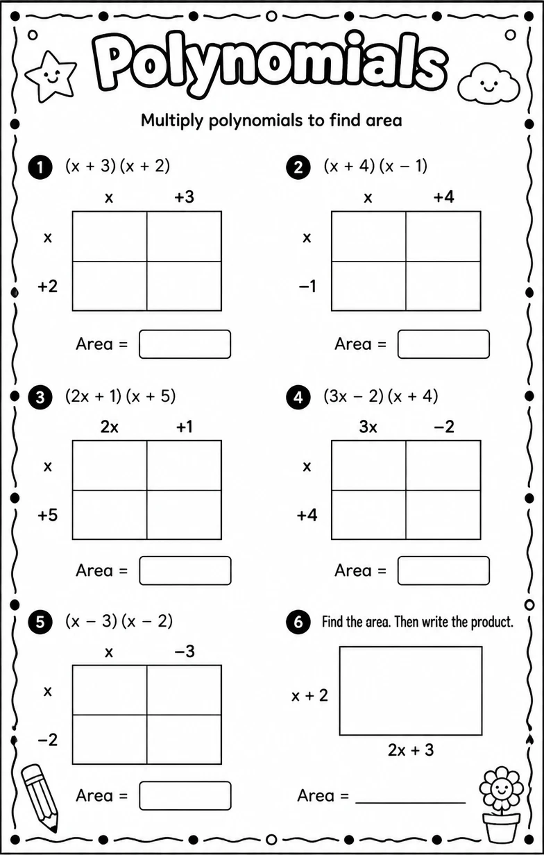Multiply polynomials to find area — free printable High School Math worksheet
