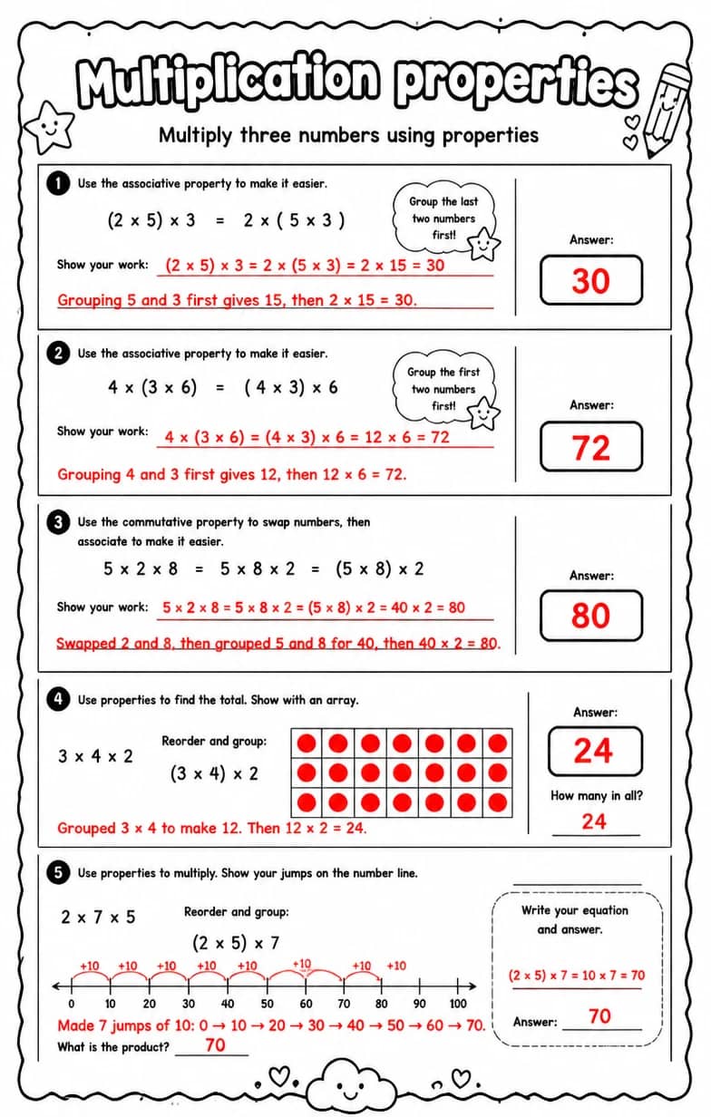Answer key for Multiply three numbers using properties — free printable Math worksheet