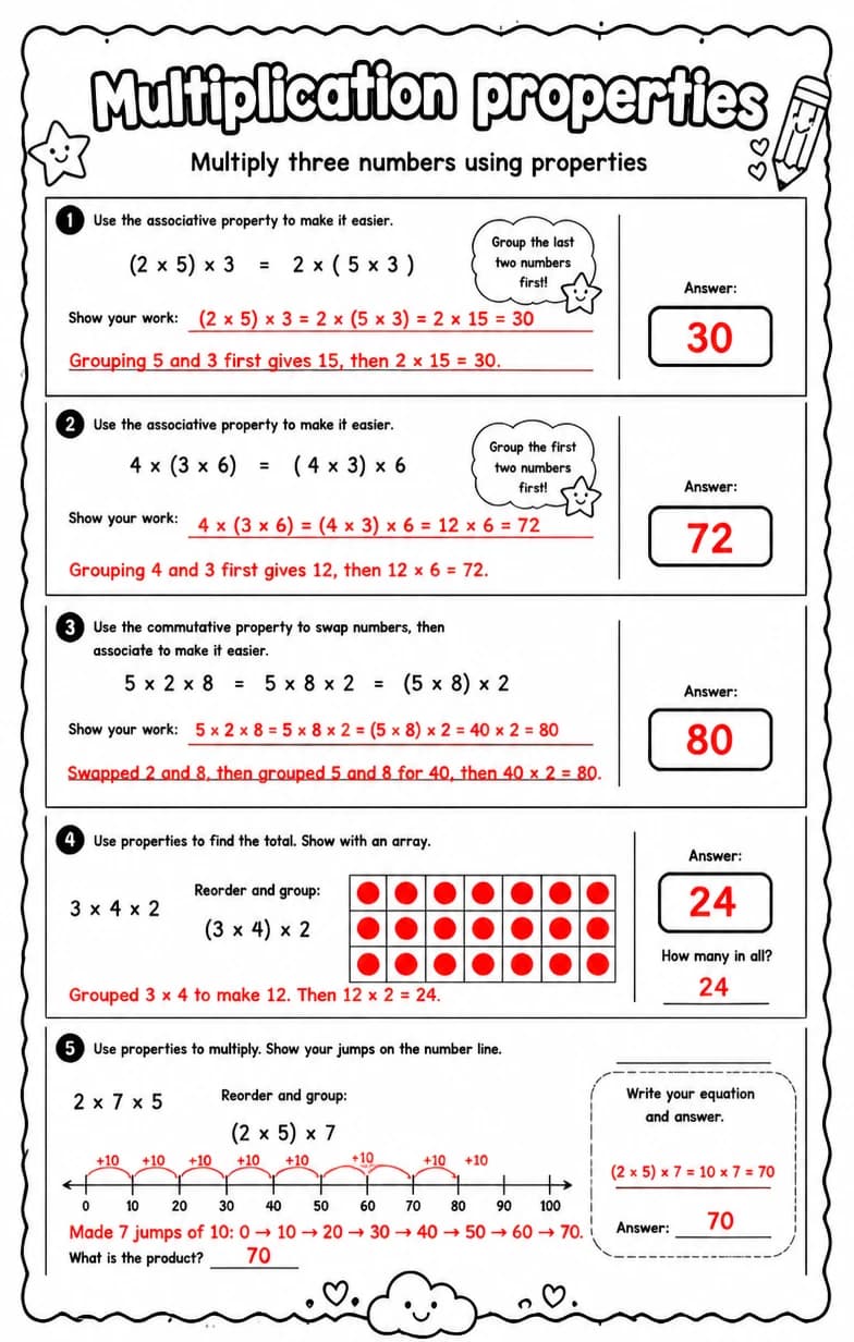 Answer key for Multiply three numbers using properties — free printable Math worksheet