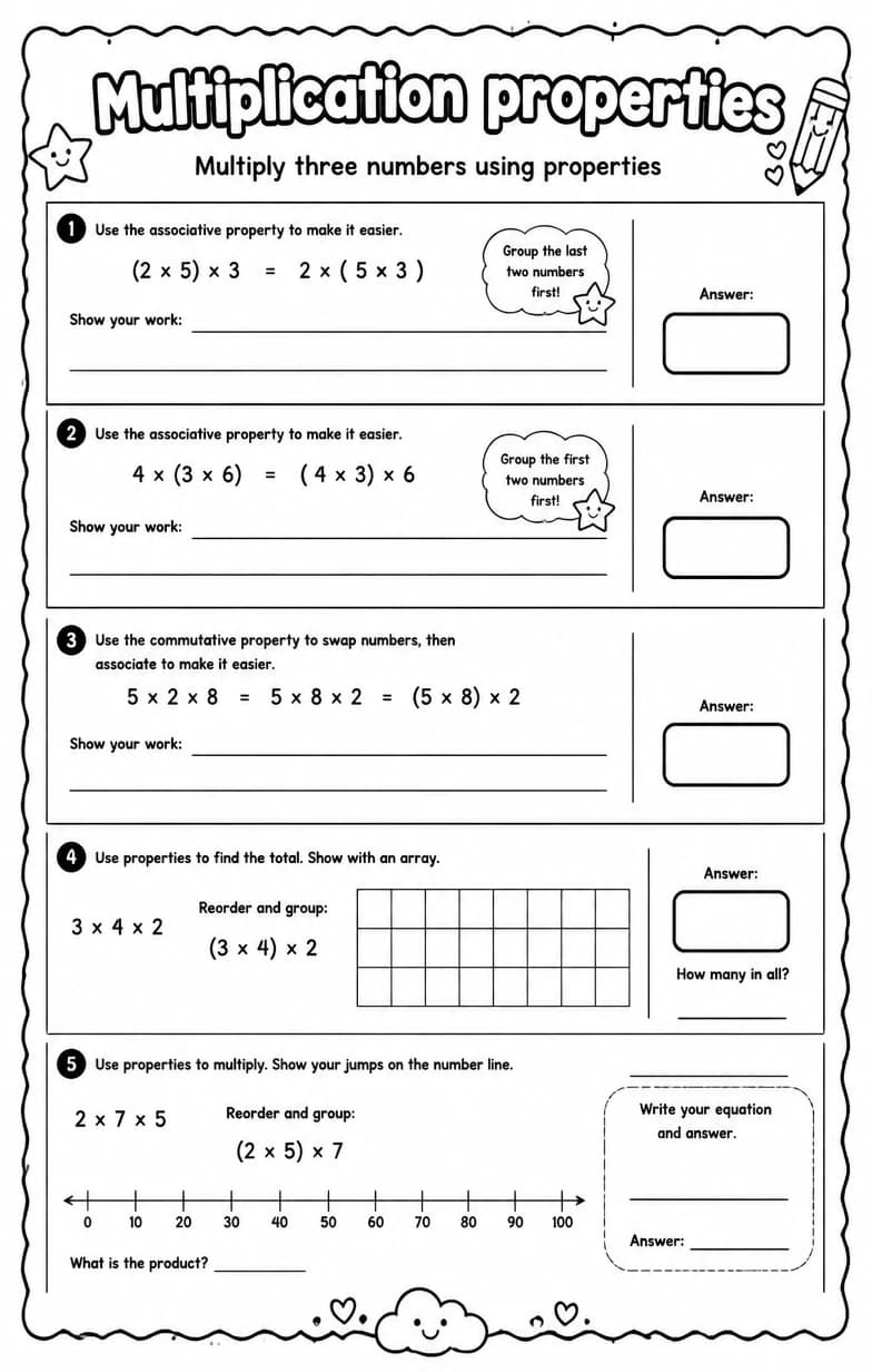 Multiply three numbers using properties — free printable Grade 3 Math worksheet
