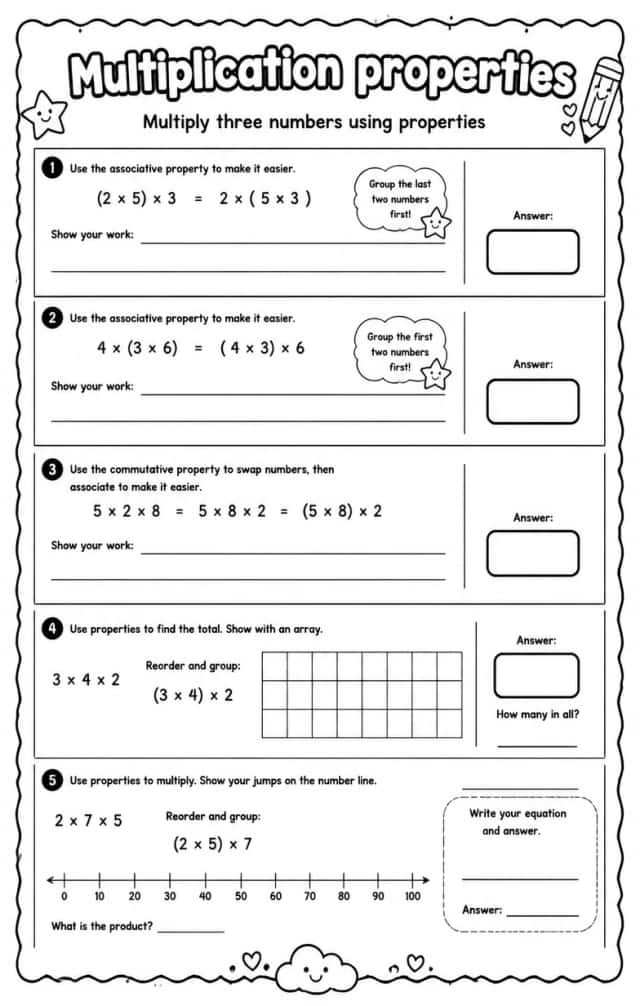 Multiply three numbers using properties