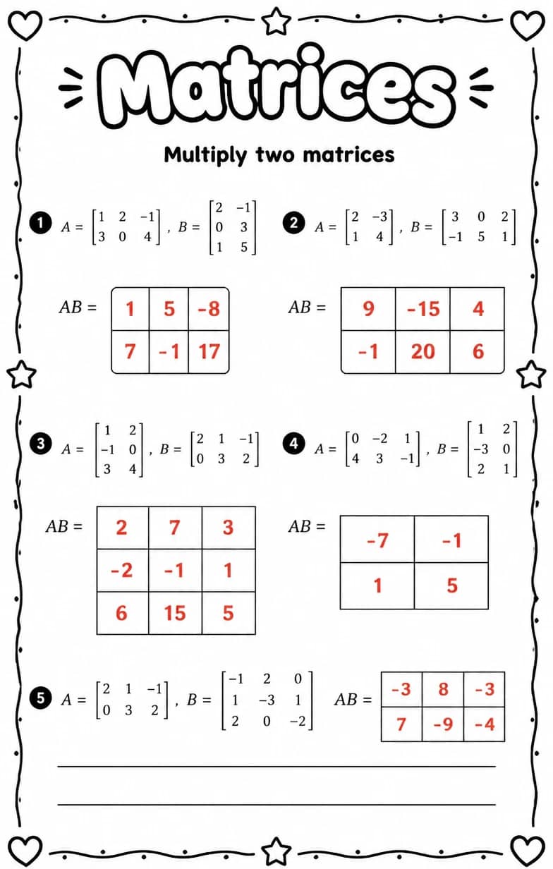 Answer key for Multiply two matrices — free printable Math worksheet