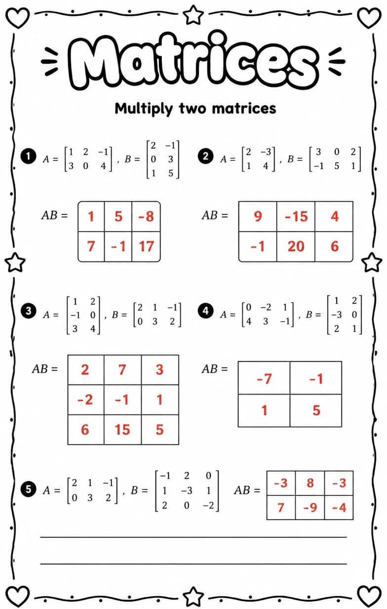 Answer key for Multiply two matrices — free printable Math worksheet