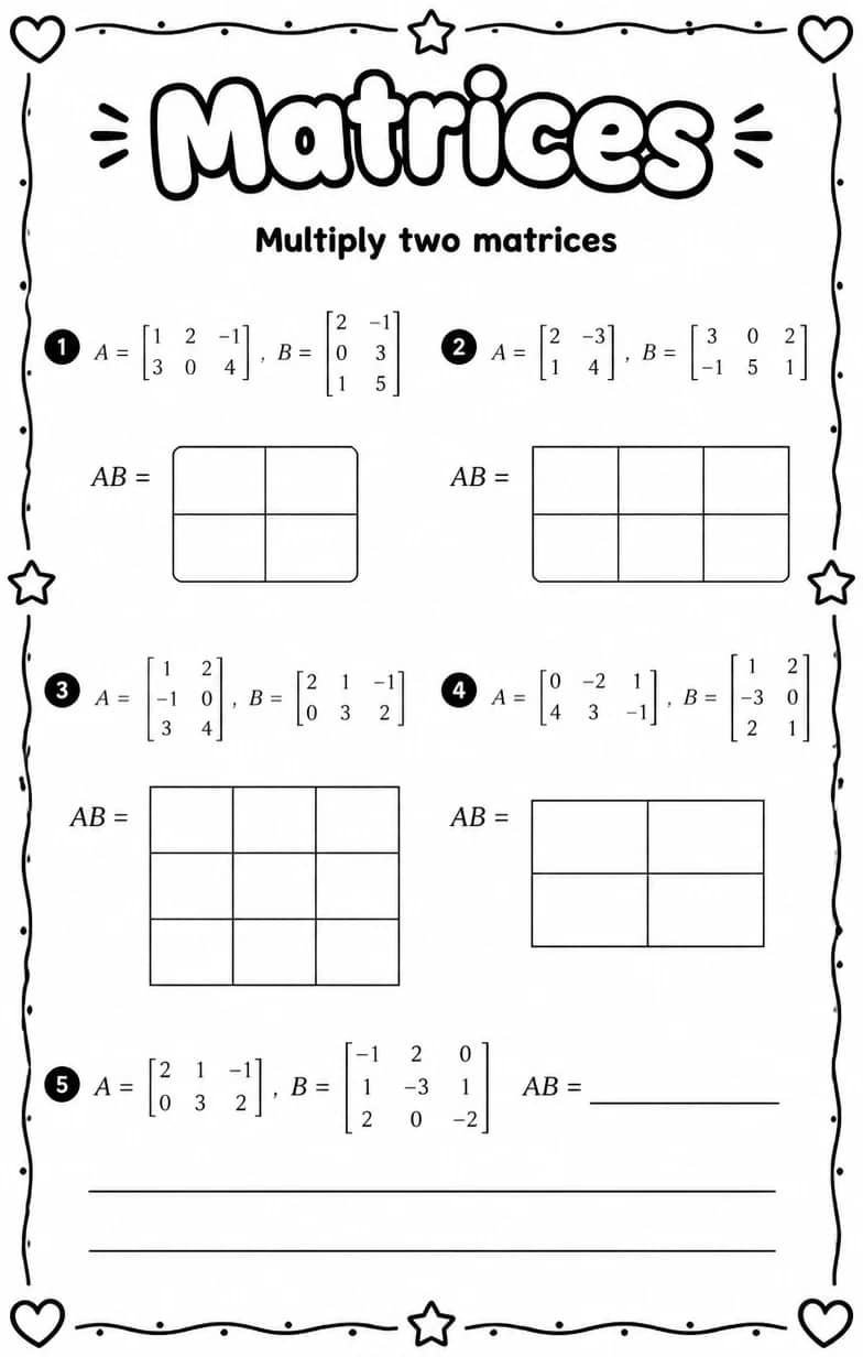 Multiply two matrices — free printable Algebra 1 math worksheet