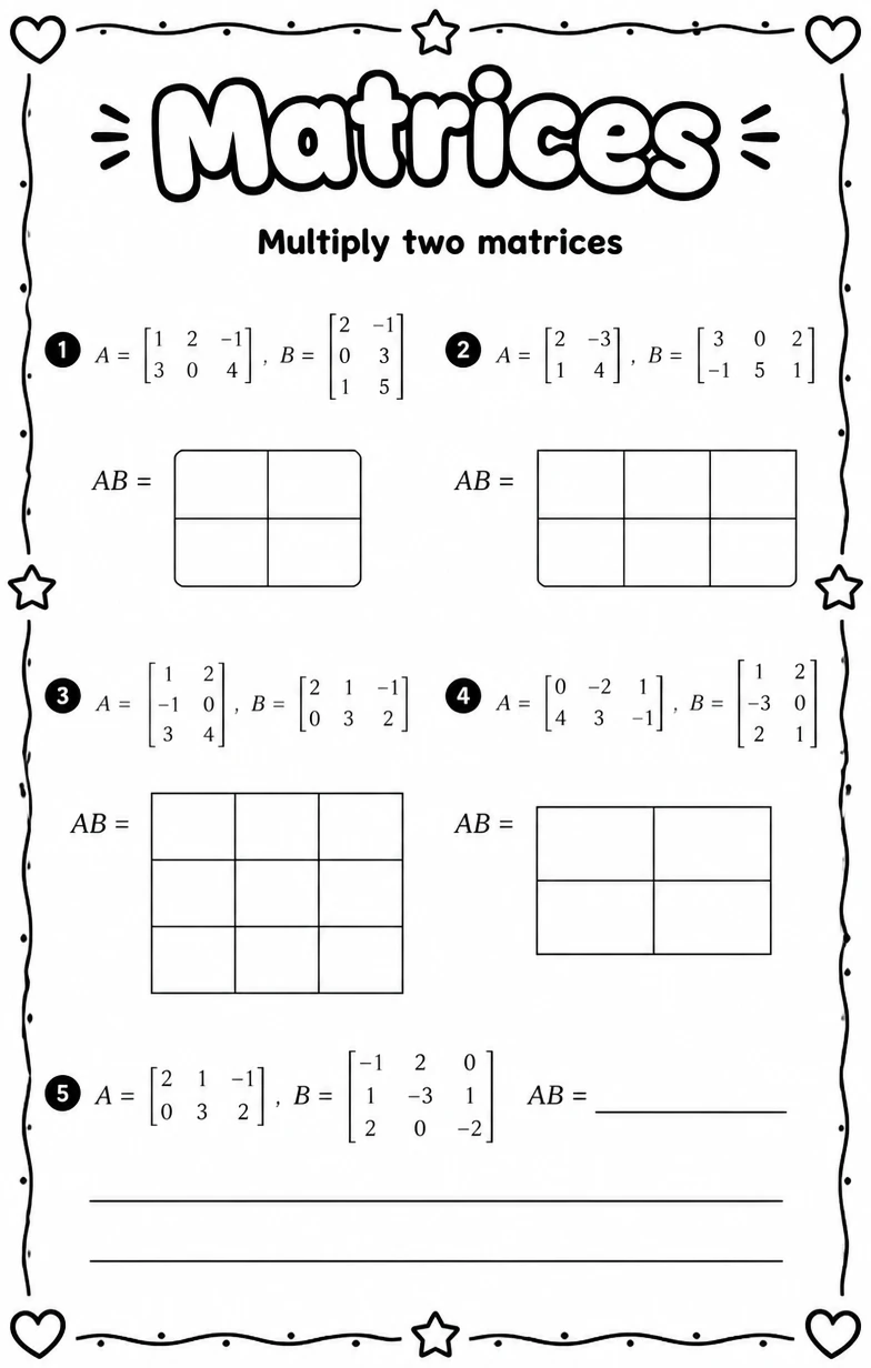 Multiply two matrices — free printable Algebra 1 math worksheet