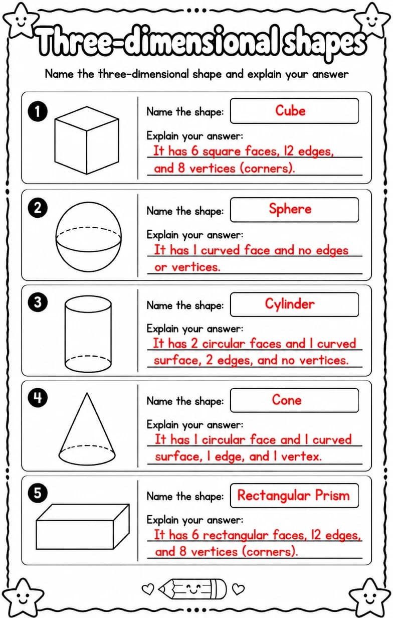 Answer key for Name the three-dimensional shape and explain your answer — free printable Math worksheet