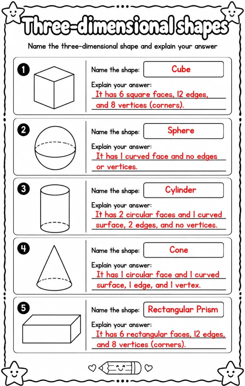 Answer key for Name the three-dimensional shape and explain your answer — free printable Math worksheet