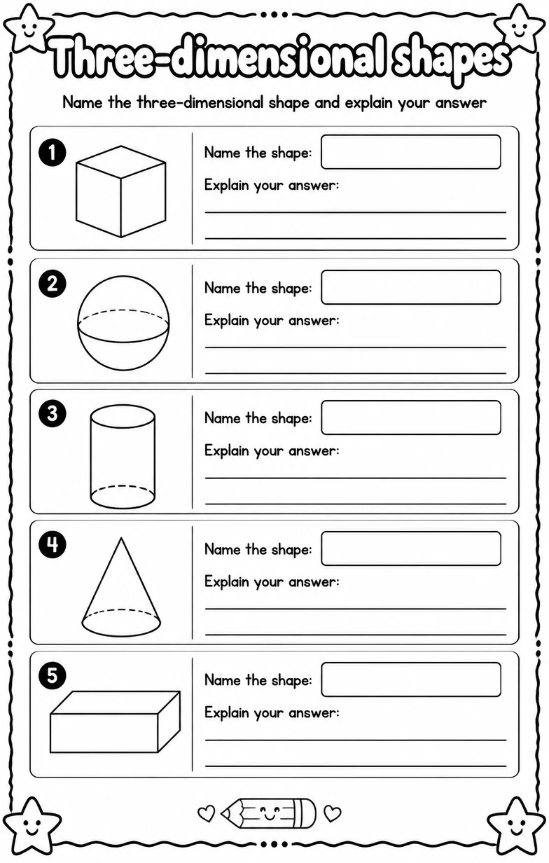 Name the three-dimensional shape and explain your answer — free printable Grade 1 Math worksheet