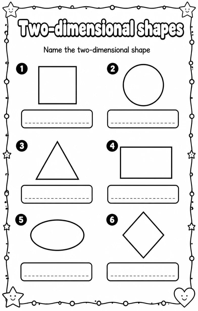 Name the two-dimensional shape — free printable Grade 1 Math worksheet