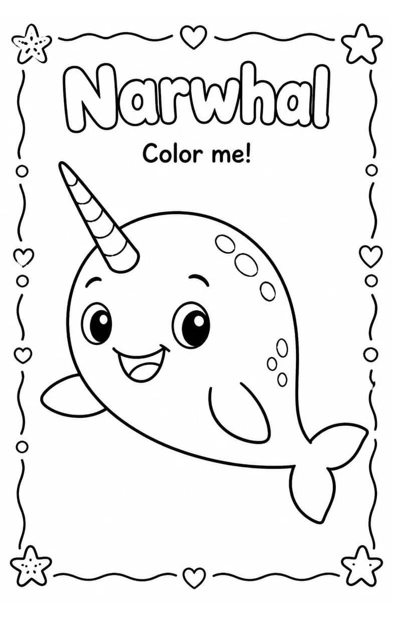 Narwhal Coloring Pages — free printable Kindergarten Art worksheet