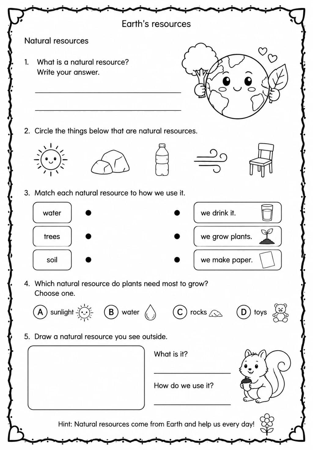 Natural resources — free printable Kindergarten Science worksheet