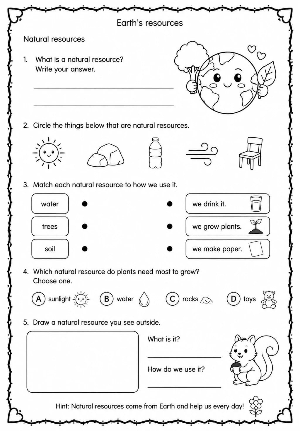 Natural resources — free printable Kindergarten Science worksheet