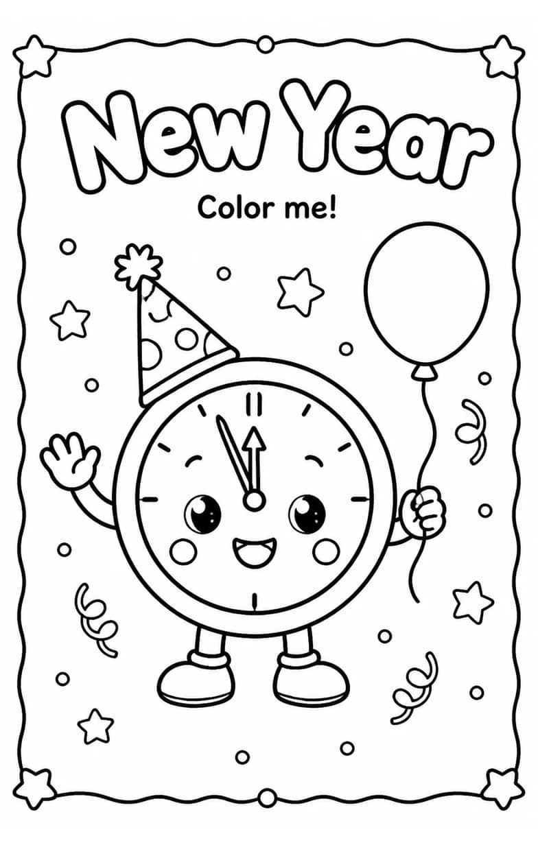 New Year Coloring Pages — free printable Kindergarten Art worksheet