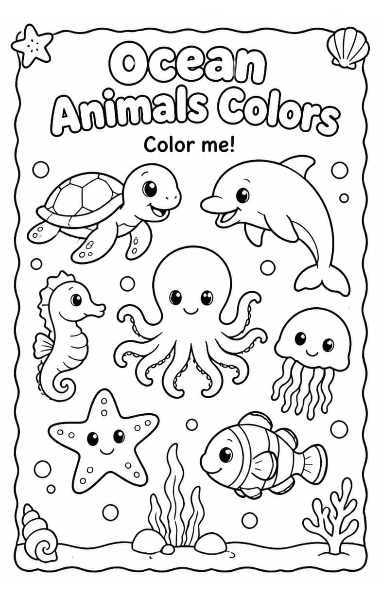 Ocean Animals Colors Coloring Page — free printable Pre-K Art worksheet
