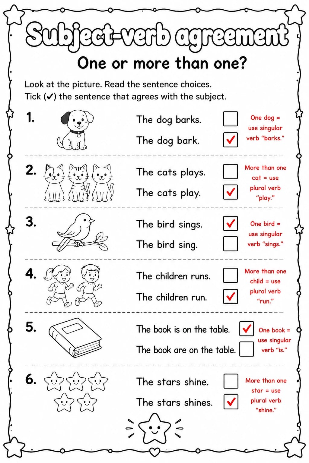 Answer key for One or more than one? — free printable English & Reading worksheet