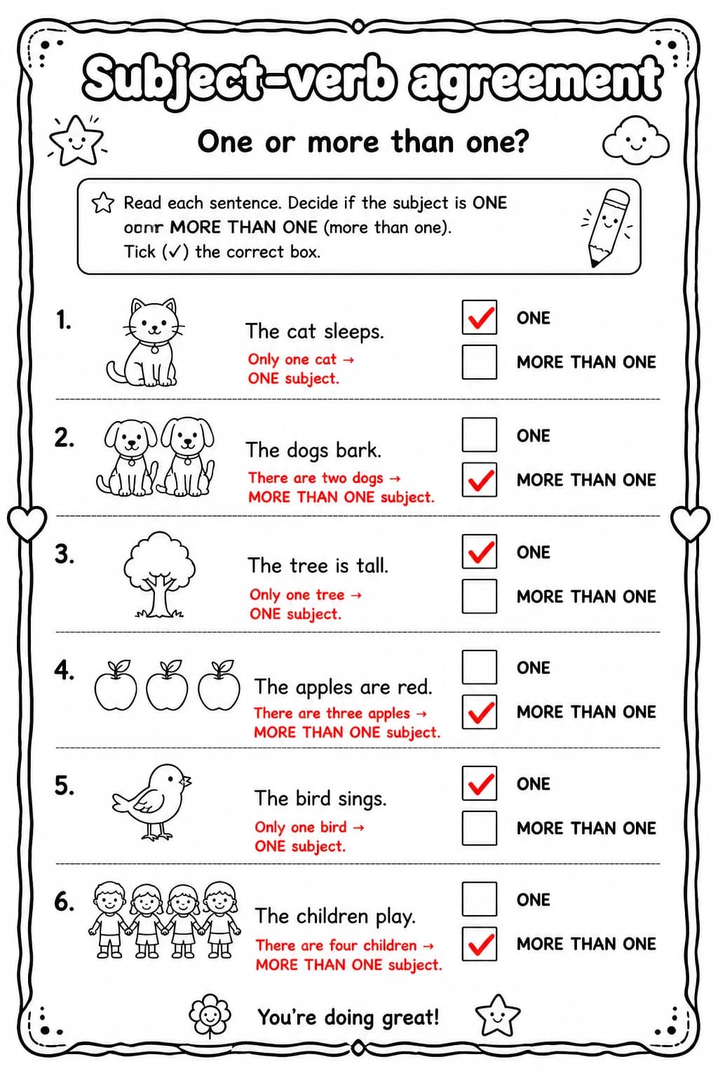 Answer key for One or more than one? — free printable English & Reading worksheet