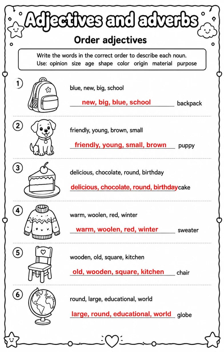 Answer key for Order adjectives — free printable English & Reading worksheet