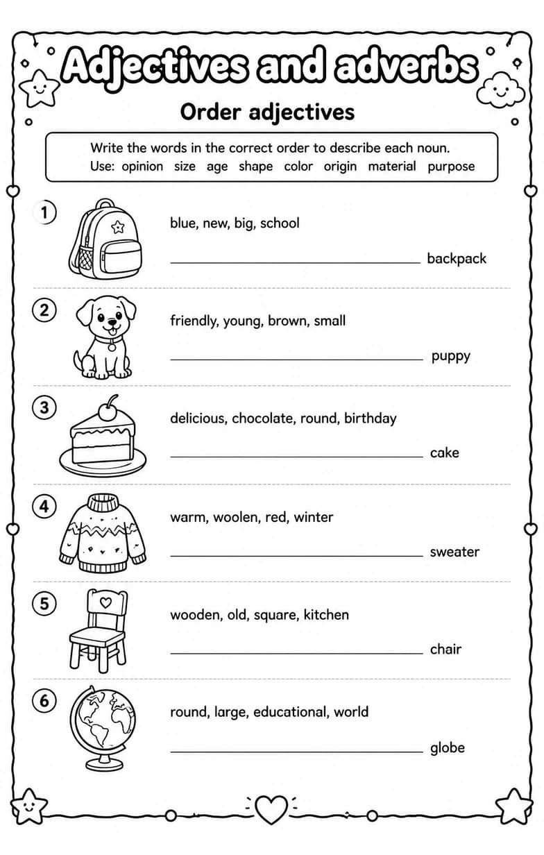 Order adjectives — free printable Grammar and mechanics English worksheet