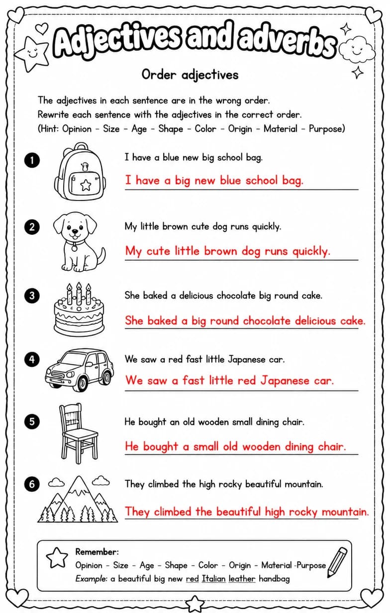 Answer key for Order adjectives — free printable English & Reading worksheet