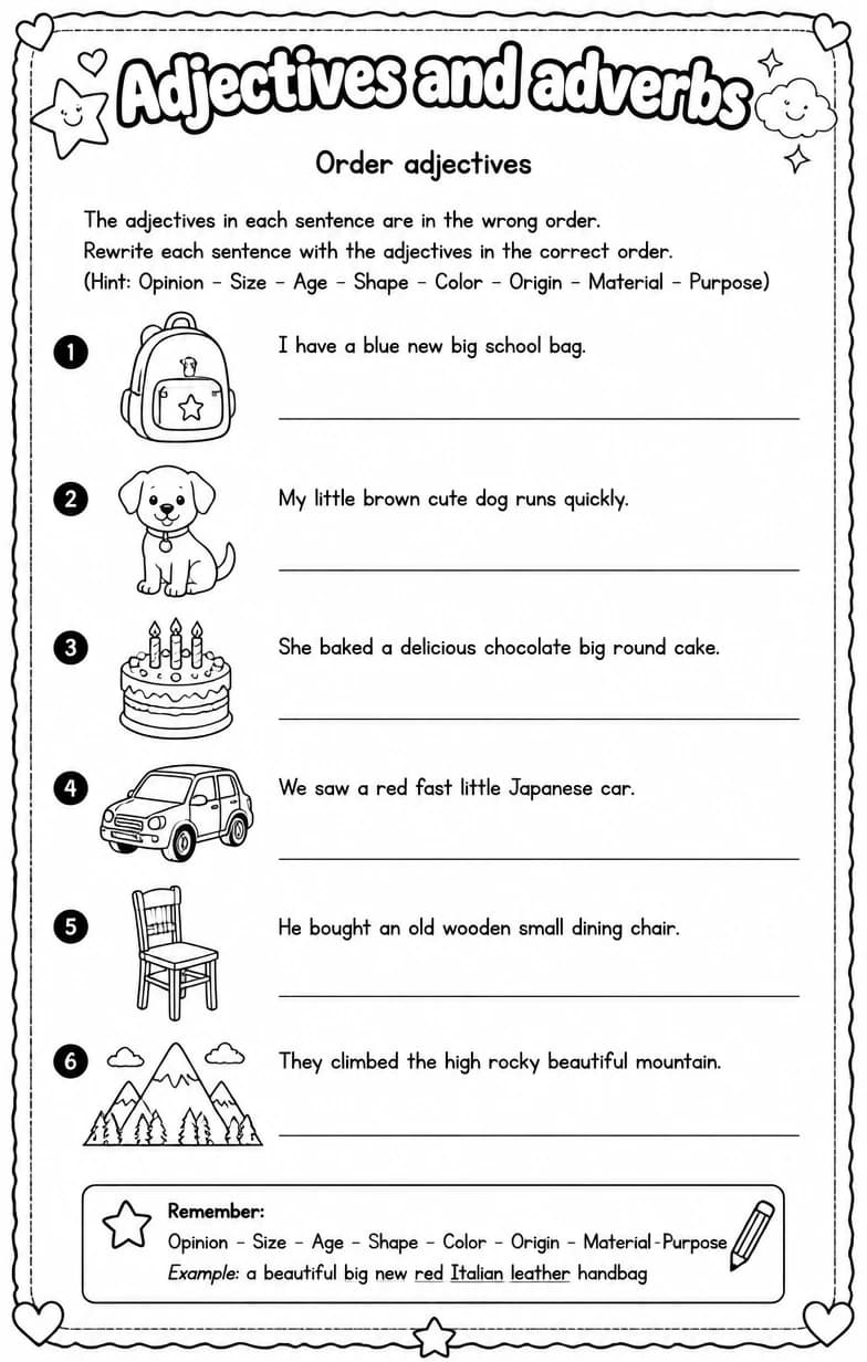 Order adjectives — free printable Grammar and mechanics English worksheet