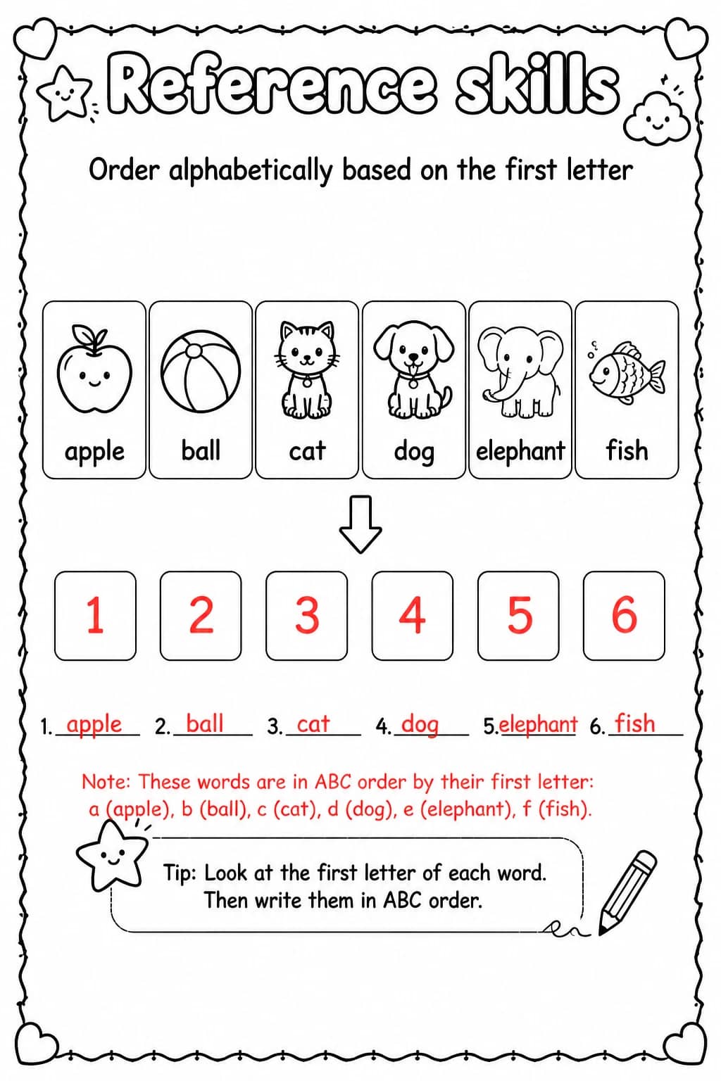 Answer key for Order alphabetically based on the first letter — free printable English & Reading worksheet