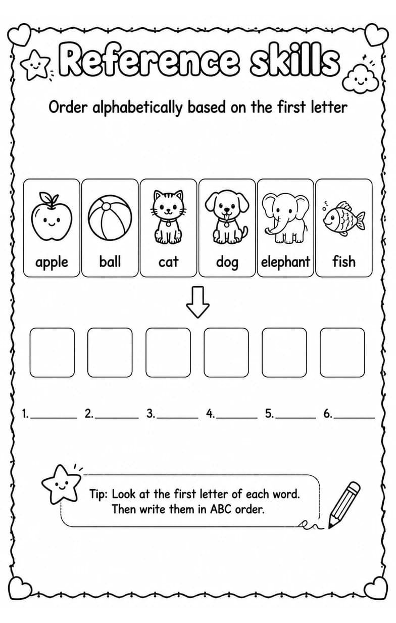 Order alphabetically based on the first letter — free printable Grade 2 English & Reading worksheet