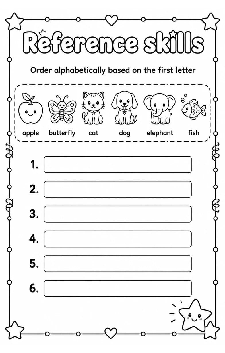 Order alphabetically based on the first letter — free printable Grade 3 English & Reading worksheet