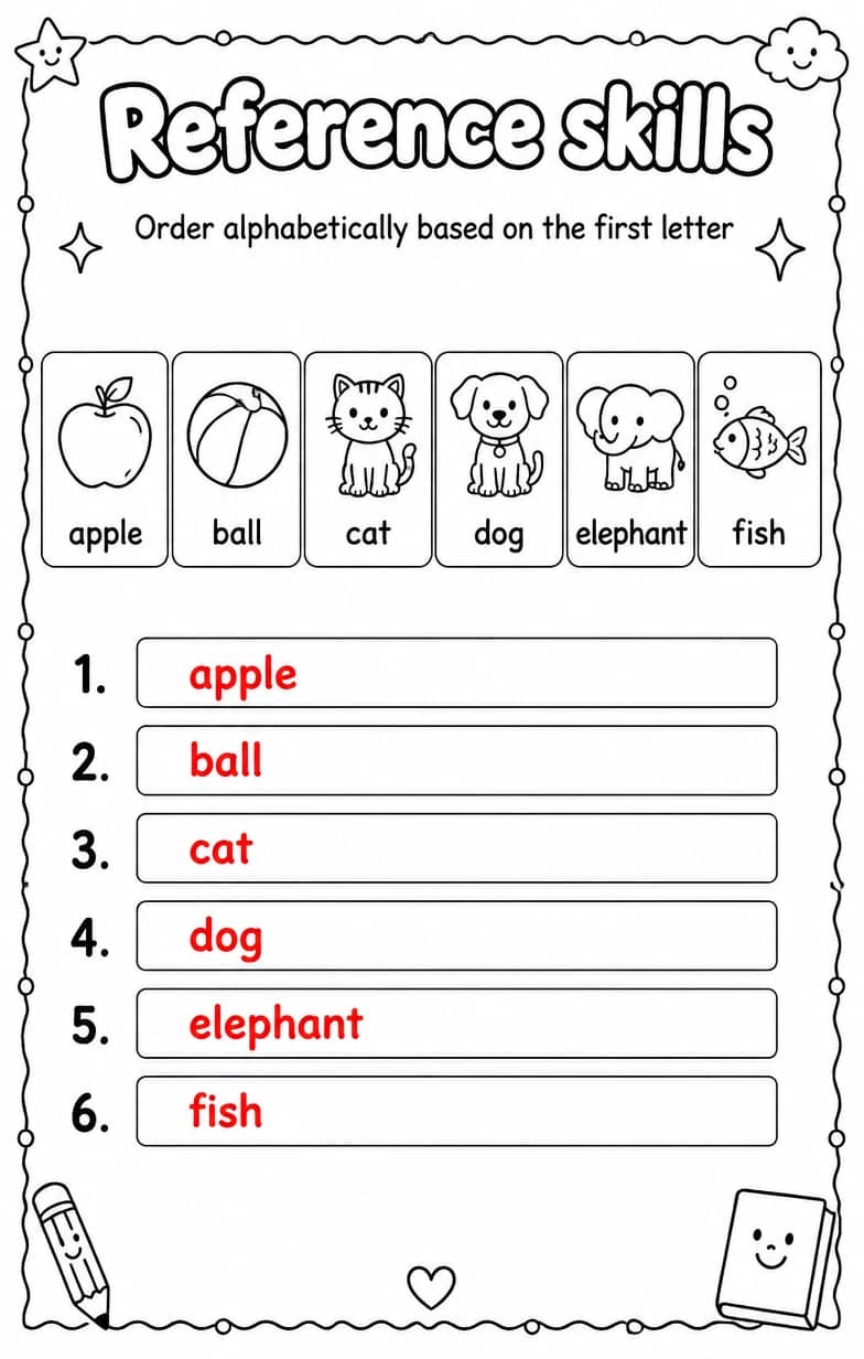 Answer key for Order alphabetically based on the first letter — free printable English & Reading worksheet