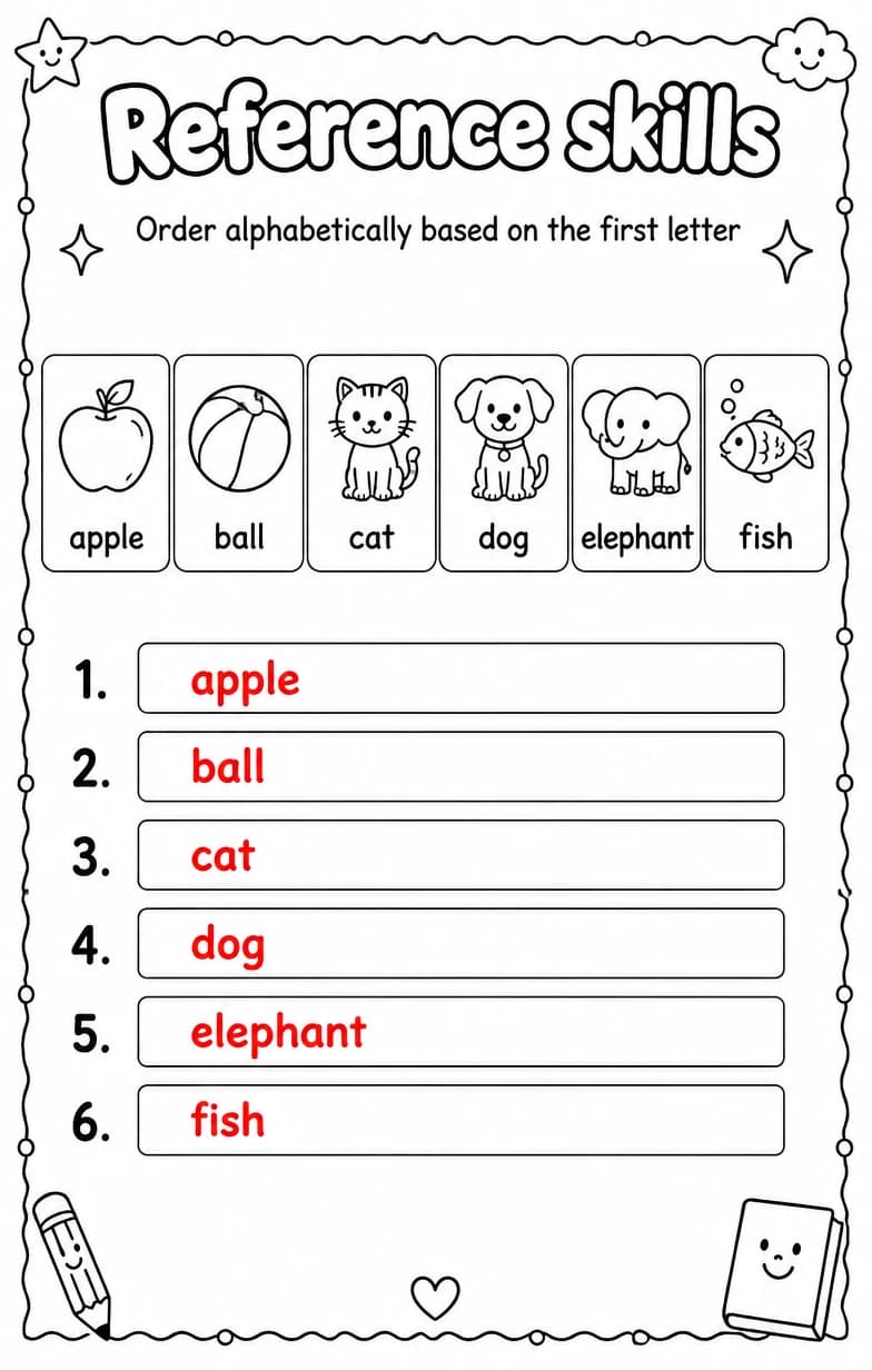 Answer key for Order alphabetically based on the first letter — free printable English & Reading worksheet