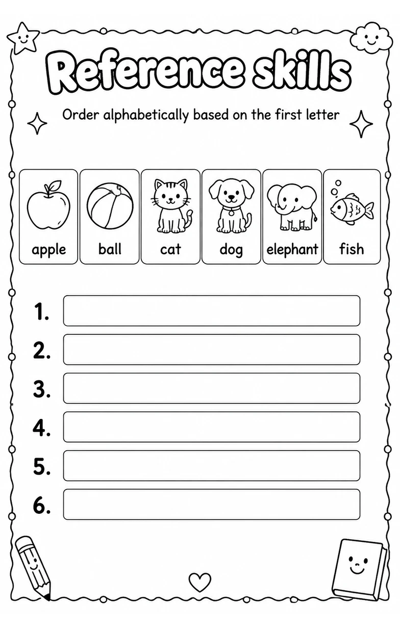Order alphabetically based on the first letter — free printable Grade 4 English & Reading worksheet