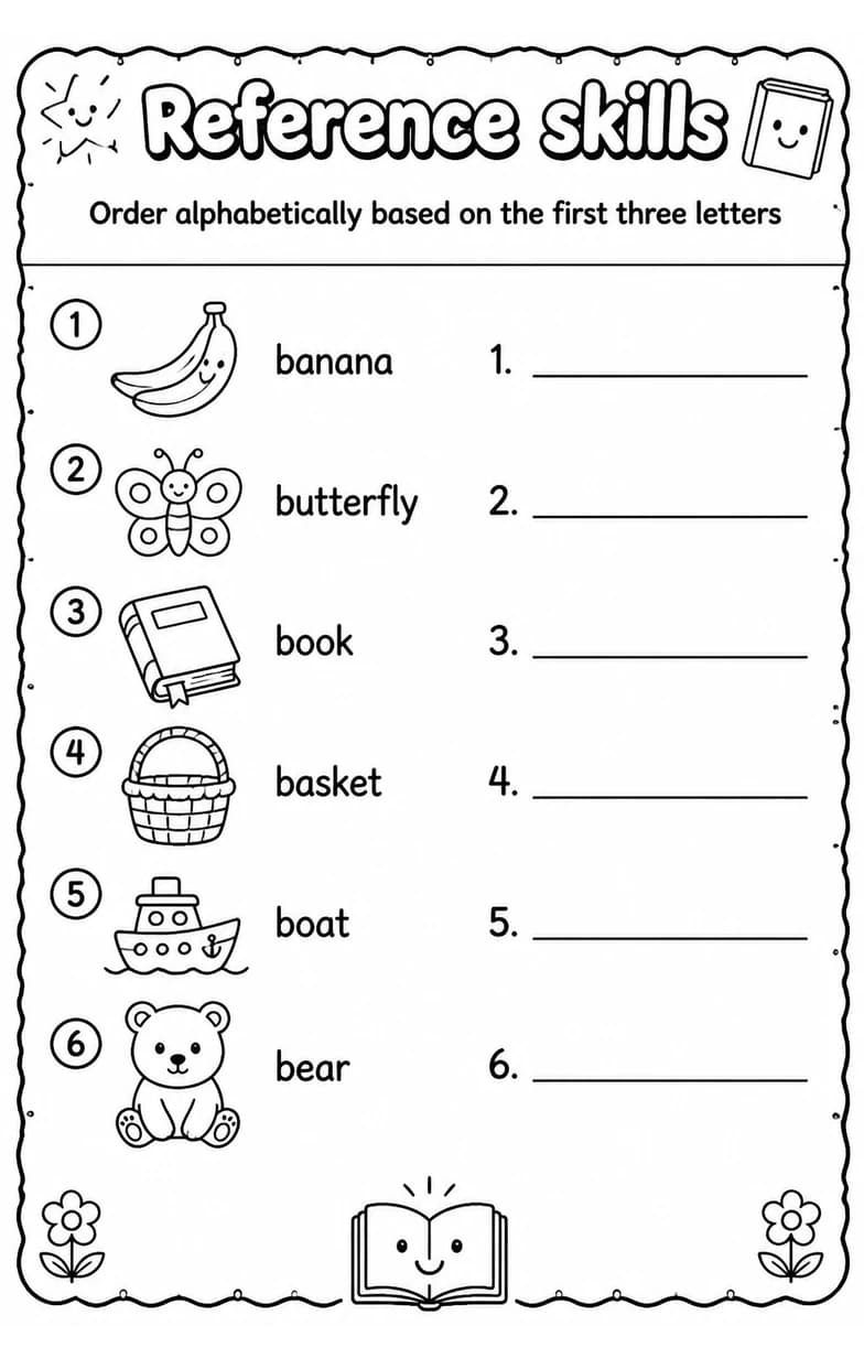 Order alphabetically based on the first three letters — free printable Grade 2 English & Reading worksheet