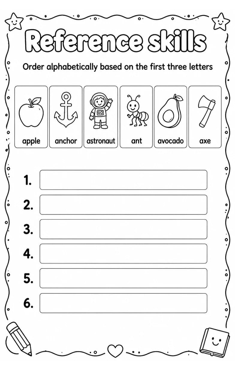 Order alphabetically based on the first three letters — free printable Vocabulary English worksheet