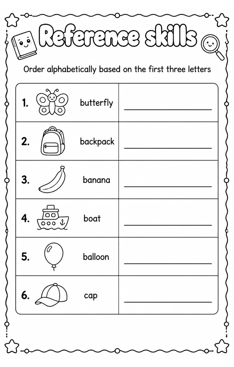Order alphabetically based on the first three letters — free printable Vocabulary English worksheet