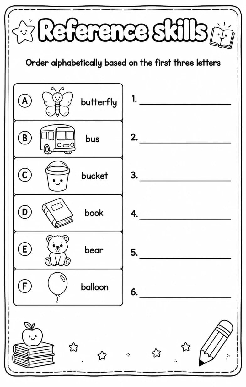 Order alphabetically based on the first three letters — free printable Vocabulary English worksheet